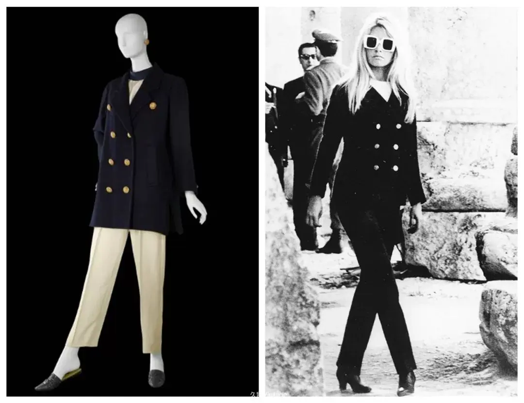 1962年1月29日 YSL 首秀作品:海军短大衣。右侧是凯瑟琳·德纳芙在《白日美人》中的造型
